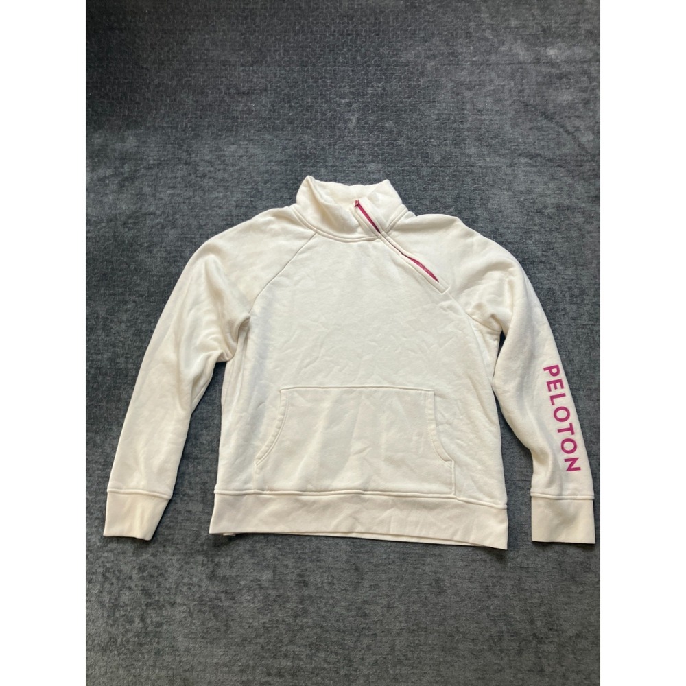 Peloton Sweatshirt Womens Medium Beige Spell Out Fleece Lined Incline Side Zip